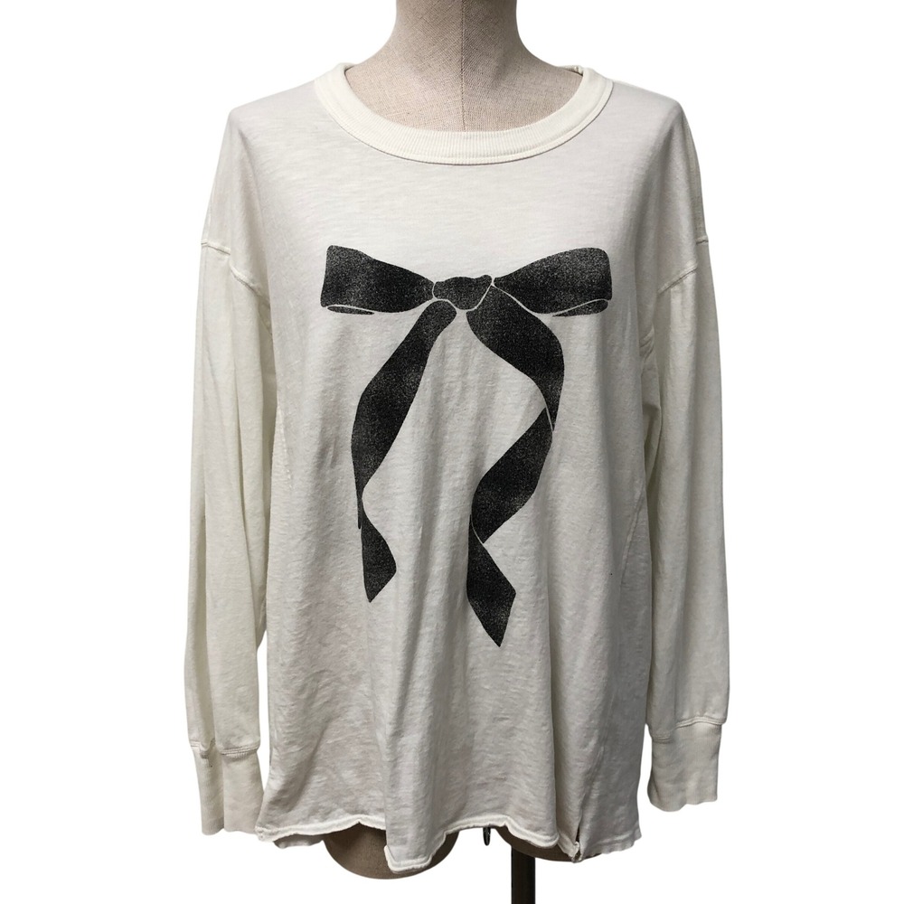 Aerie Graphic Bow Long Sleeve Tee Womens Medium Cream White Cotton Coquette